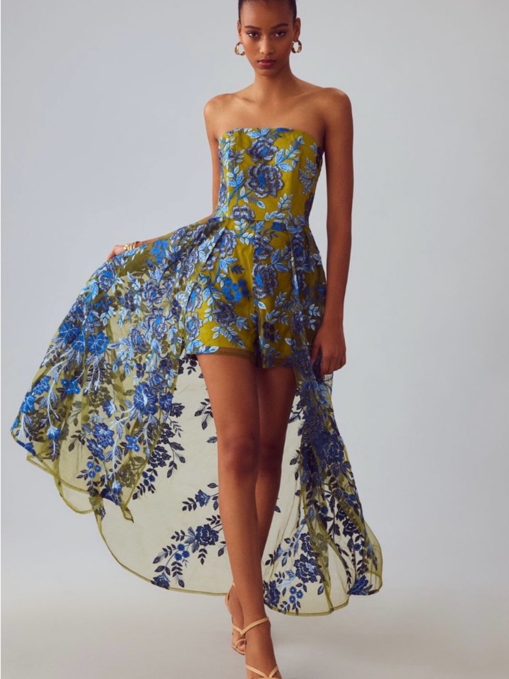Hutch Strapless Olive and Blue Floral High-Low Dress